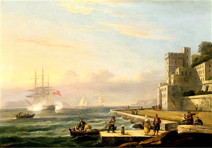 Thomas Luny - A mediterranean harbour scene. Free illustration for personal and commercial use.