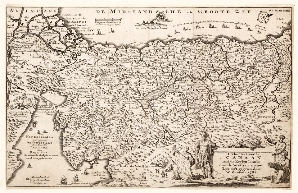 ´t Beloofde. landt. Canaan met de reijsen Israels door de woestijne nieuw lijx uijt gegeven door W. Goeree. 1683, objectnr A 19785