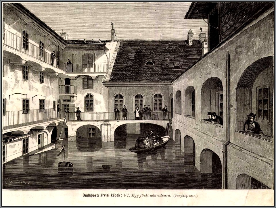 Árvízkép. Buda, Fő úti ház udvara. Mo. és a Nagyvilág, 1876