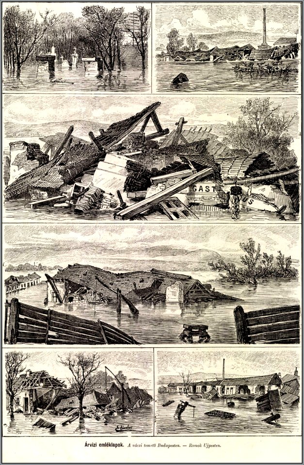 Árvízkép. A váci temető. Romok Újpesten. Mo. és a Nagyvilág, 1876