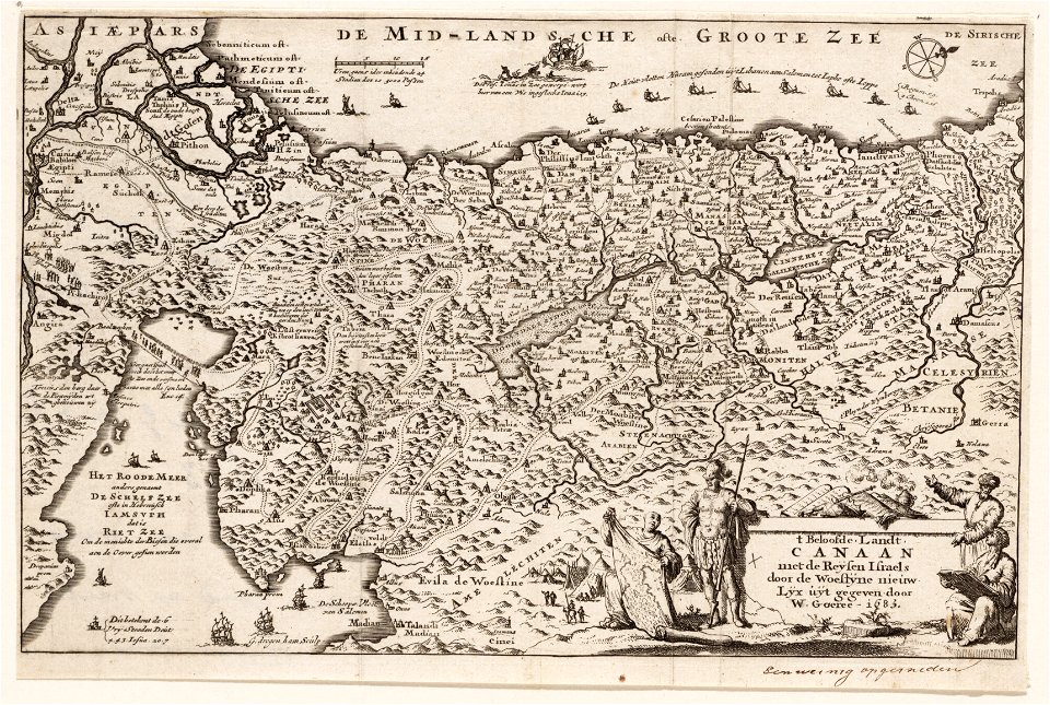 ´t Beloofde. landt. Canaan met de reijsen Israels door de woestijne nieuw lijx uijt gegeven door W. Goeree. 1682, objectnr A 19784