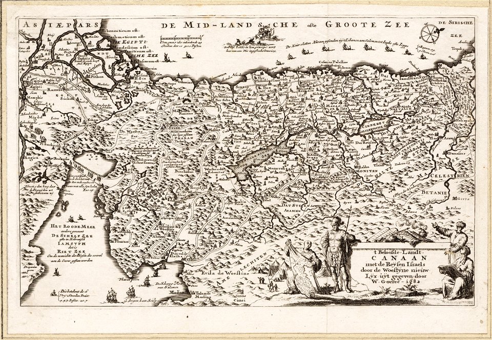 ´t Beloofde. landt. Canaan met de reijsen Israels door de woestijne nieuw lijx uijt gegeven door W. Goeree. 1682, objectnr A 19787