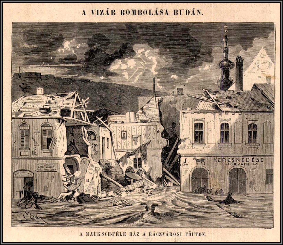 Árvíz Buda. A Mausch-féle ház a Rácvárosi Fő úton. Vasárnapi Ujság, 1875