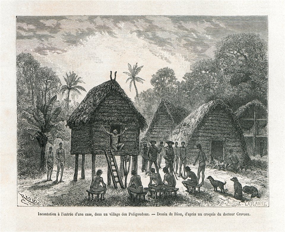 Édouard Riou - Incantation à l'entrée d'une case, dans un village des Poligoudoux D'après un croquis du Docteur Crevaux