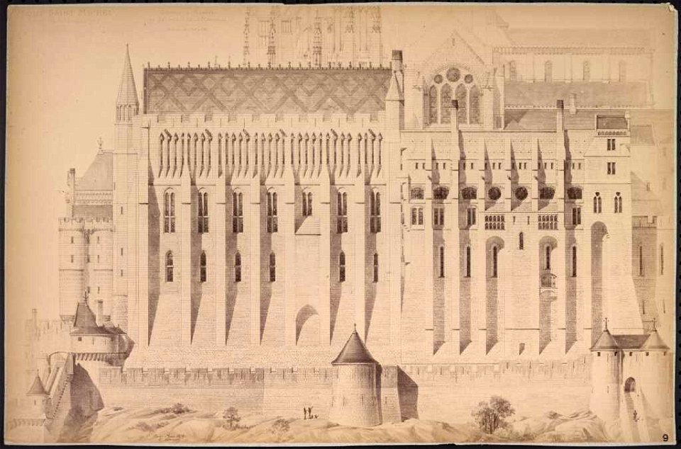 Édouard Corroyer, Projet de restauration, la façade nord et l’entrée de l’abbaye, photographie d’un plan, 1874