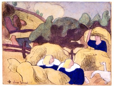 Émile Bernard Femmes faisant les foins (Women Making Haystacks) print 1889. Free illustration for personal and commercial use.
