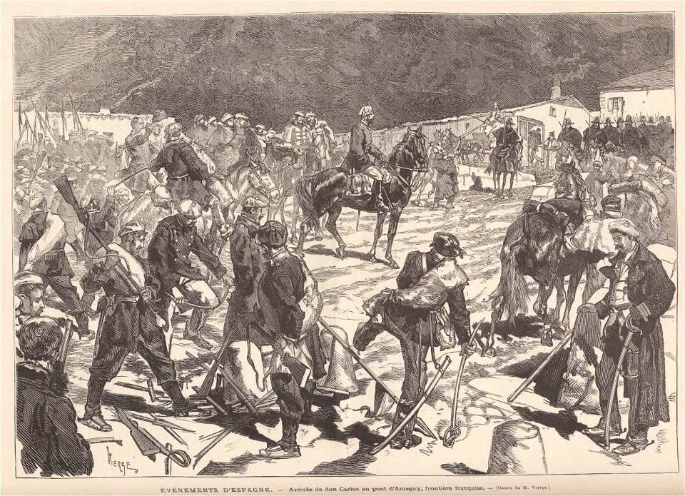 Événements d'Espagne, arrivée de don Carlos au pont d'Ameguy, frontière française, de Vierge