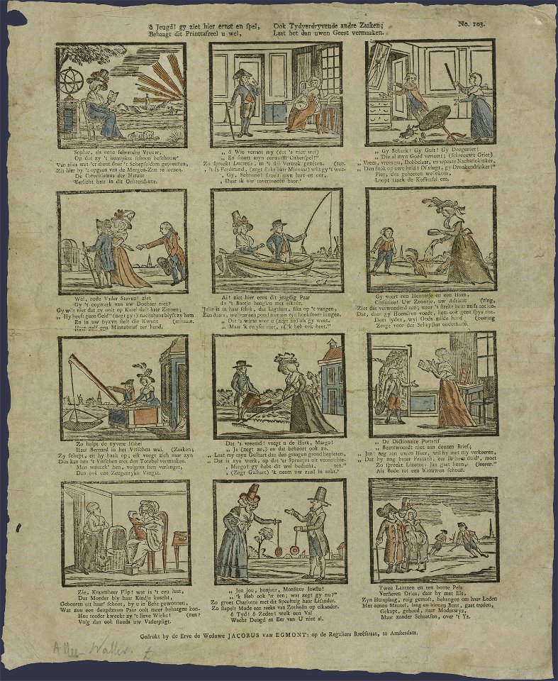 Ô jeugd! gy ziet hier ernst en spel, Behaagt dit printtafreel u wel, Ook tydverdryvende andre zaaken; Laat het dan uwen geest vermaaken-Catchpenny print-SMC K 0139