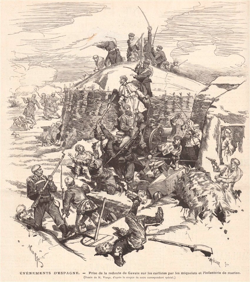 Événements d'Espagne, prise de la redoute de Gavate sur les carlistes par les miquelets et l'infanterie de marine (Dessin de M Vierge, d'après le croquis de notre correspondant spécial)