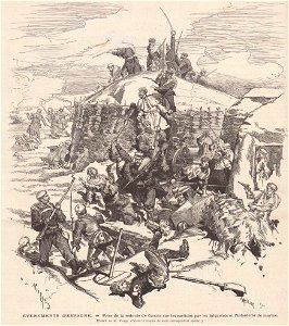 Événements d'Espagne, prise de la redoute de Gavate sur les carlistes par les miquelets et l'infanterie de marine (Dessin de M Vierge, d'après le croquis de notre correspondant spécial)