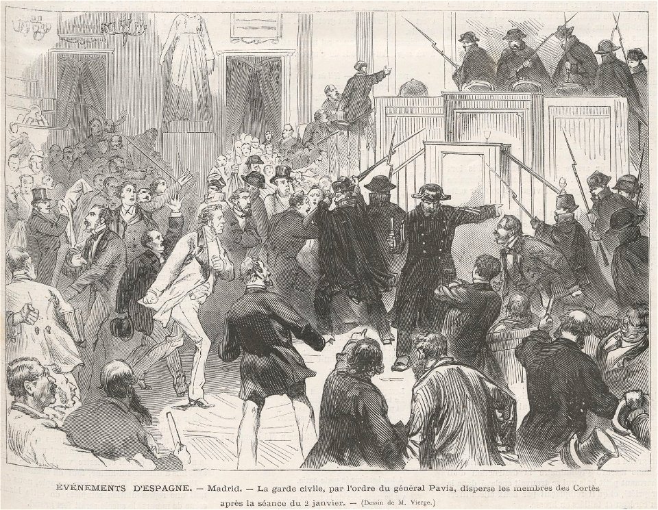 Événements d'Espagne, Madrid, la garde civile, par l'ordre du général Pavía, disperse les membres des Cortès après la séance du 2 janvier, de Vierge