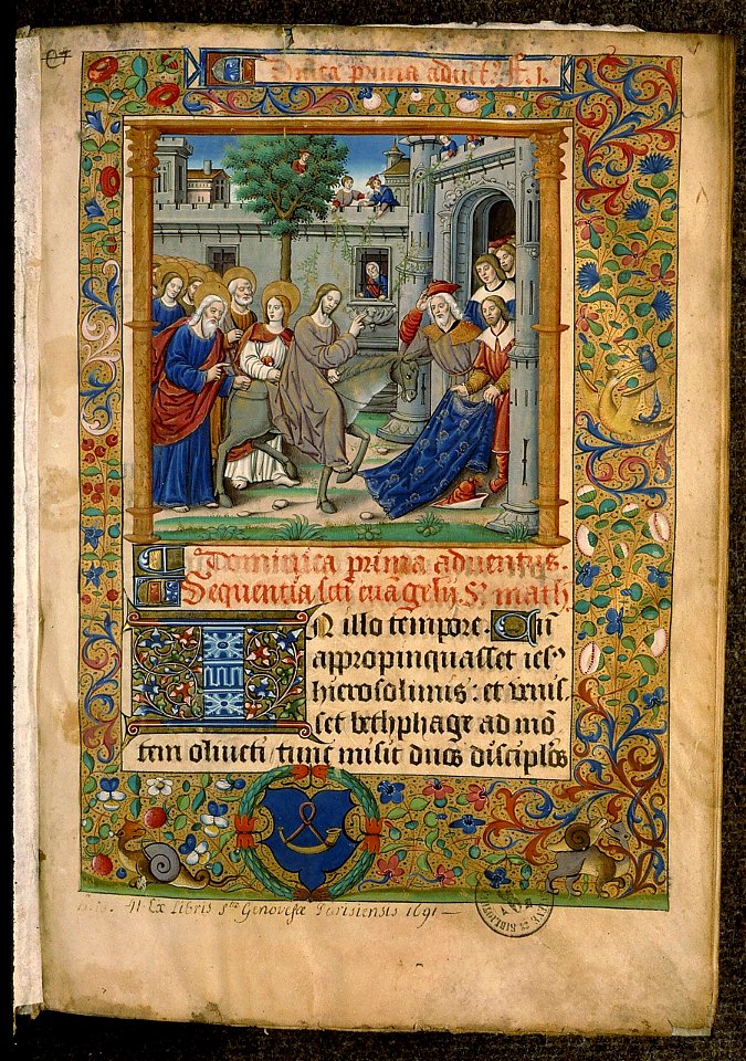 Évangéliaire à l'usage de l'abbaye Sainte-Geneviève - BSG Ms106 f1r (Entrée à Jérusalem)