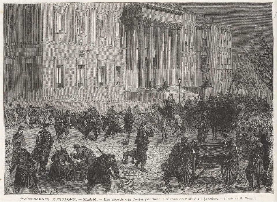 Événements d'Espagne, Madrid, les abords des Cortès pendant la séance de nuit du 2 janvier, de Vierge