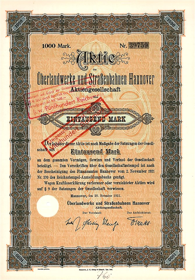 Überlandwerke und Straßenbahnen Hannover AG 1000 Mk 1921
