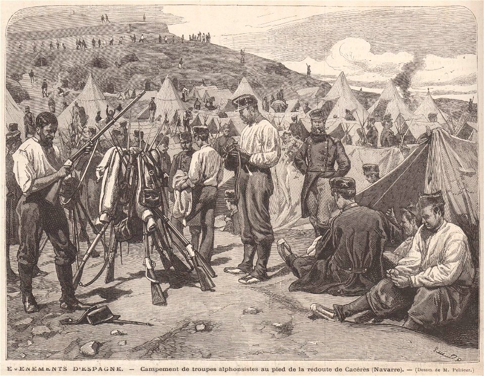 Événements d'Espagne, campement de troupes alphonsistes au pied de la redoute de Cacérès (Navarre), (dessin de M Pellicer)