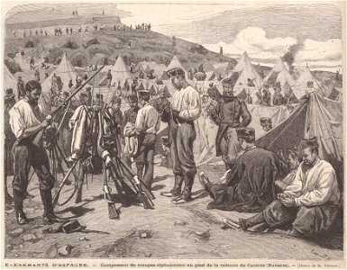 Événements d'Espagne, campement de troupes alphonsistes au pied de la redoute de Cacérès (Navarre), (dessin de M Pellicer)