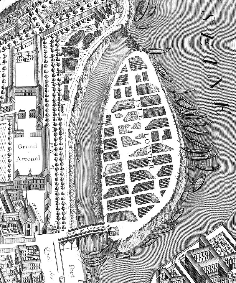 Île Louviers sur le plan de Turgot (1734–1736) (détail)