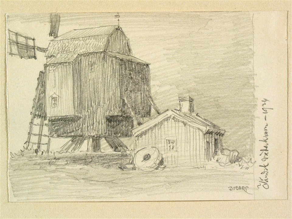 Öländsk väderkvarn . Övre Vannborga, Öland. Teckning av Ferdinand Boberg - Nordiska museet - NMA.0088706