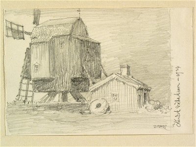 Öländsk väderkvarn . Övre Vannborga, Öland. Teckning av Ferdinand Boberg - Nordiska museet - NMA.0088706
