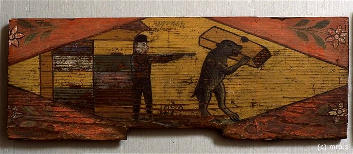Čebelar strelja na medveda, ki je ukradel panj (panjska končnica, 1872)