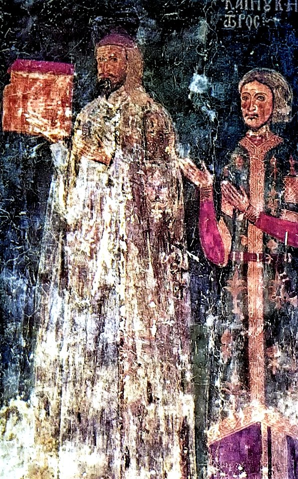 Καστοριά. Άγιοι Ανάργυροι. Ο κτήτωρ Θεόδωρος Λημνιώτης προσφέρει ομοίωμα του ναού στη Θεοτόκο. 12ος αιώνας