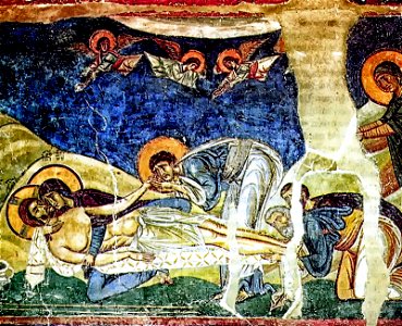 Νέρεζι. Άγιος Παντελεήμων. Ο ενταφιασμός. (Γύρω στο 1164). Κομψότητα, αρχοντιά, ρόδινες φιγούρες, λεπτεπίλεπτη πτυχολογία, όλα τα χα
