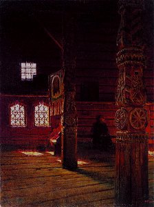 Внутренний вид деревянной церкви Петра и Павла в Пучуге. Free illustration for personal and commercial use.