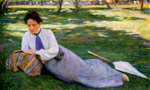 Женщина, читающая в саду (Портрет Жюстины, жены художника). Free illustration for personal and commercial use.