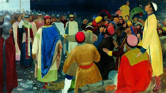 Князь Глеб Святославович убивает волхва на Новгородском вече