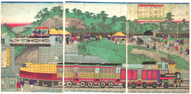 東京高輪鉄道蒸気車走行之図-Illustration of a Steam Locomotive Running on the Takanawa Railroad in Tokyo (Tōkyō takanawa tetsudō jōkisha sōkō no zu) MET DP147680