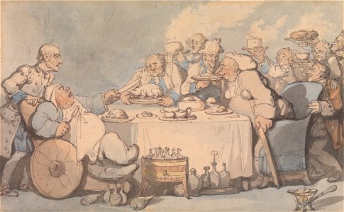 Thomas Rowlandson - Comforts of Bath- Gouty Gourmands at Dinner - Google Art Project. Free illustration for personal and commercial use.
