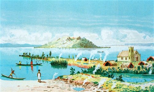 Thomas Ryan - Lake Rotorua and Mokoia Island. Free illustration for personal and commercial use.