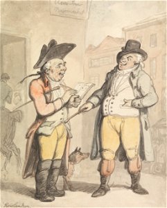 Thomas Rowlandson - The Bookmaker and his Client outside the Ram Inn, Newmarket - Google Art Project. Free illustration for personal and commercial use.