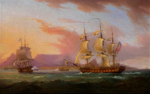 Thomas Whitcombe - Naval ships off Cape Town. Free illustration for personal and commercial use.