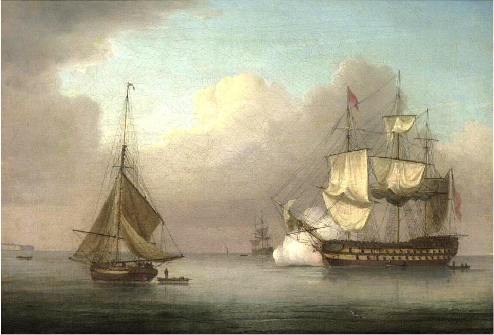 Thomas Whitcombe - H.M.S. Albion, 74 Guns, coming to Anchor in the Downs