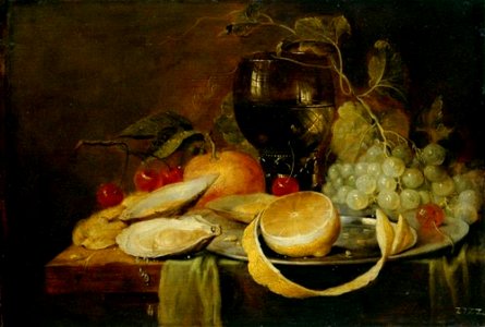 Thomas van Apshoven - Stilleven van druiven, kersen en een appel rond een roemer, op de voorgrond oesters en een bord met een citroen - Gal.-Nr. 1217 - Staatliche Kunstsammlungen Dresden