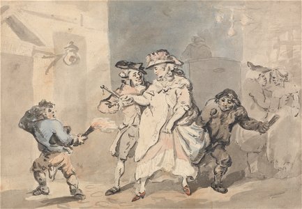Thomas Rowlandson - The Inn Door (A Man escorted by two link boys to a door to the left) - Google Art Project