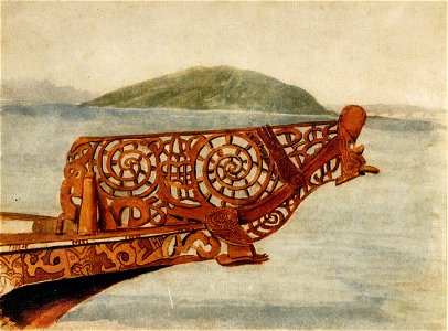 Thomas Ryan - Figurehead of a small war canoe, Lake Rotorua. Free illustration for personal and commercial use.