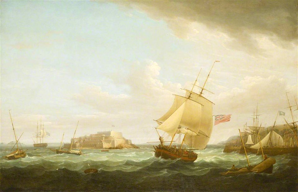 Thomas Whitcombe (c.1752-1824) - A Merchantman and Other Vessels off Castle Cornet, Guernsey - BHC1781 - Royal Museums Greenwich