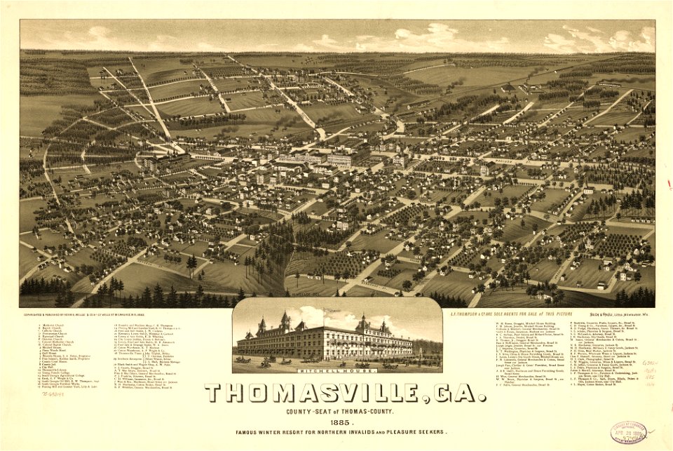 Thomasville, Ga. county-seat of Thomas-County 1885. Famous winter resort for northern invalids and pleasure seekers. LOC 75693198