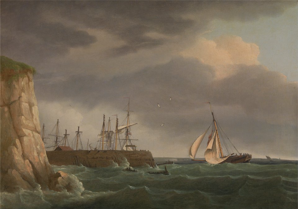 Thomas Whitcombe - A Ship Running into Harbour with Other Craft at a Jetty - Google Art Project