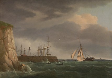 Thomas Whitcombe - A Ship Running into Harbour with Other Craft at a Jetty - Google Art Project