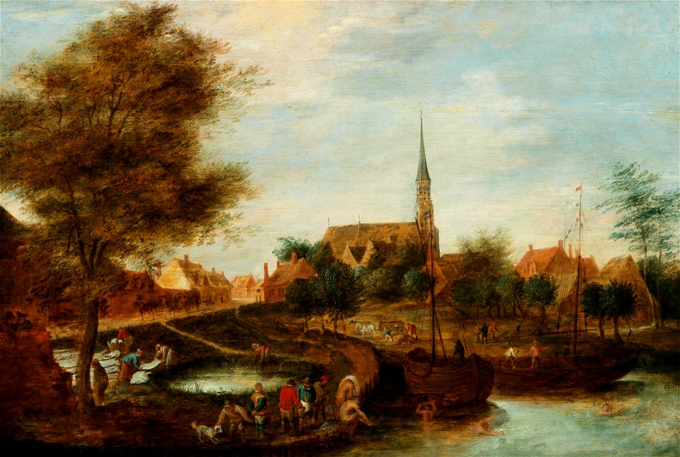Thomas van Apshoven Badende Bauern vor einem Dorf