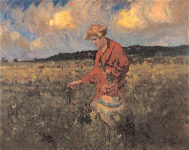Thorma Girl Picking Flowers in Red Coat 1930s