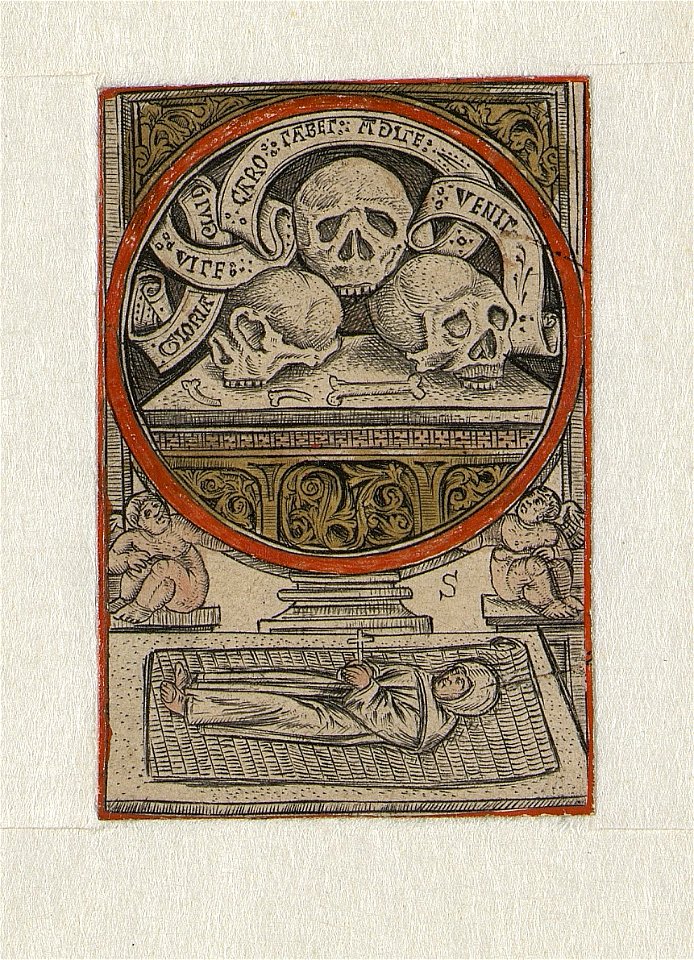 Three skulls on a carved tomb in a roundel supported by putti, below a corpse on the bier ca.1519 print by Master S., S.V 96750, Prints Department, Royal Library of Belgium