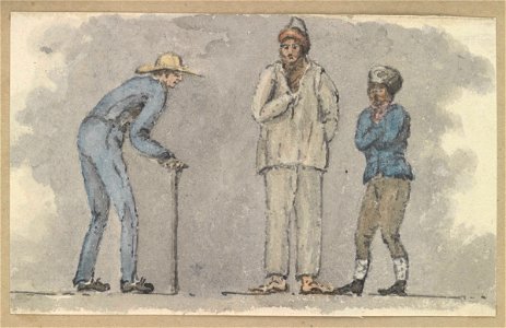 Three male figures, one bent over using a walking stick RMG PZ4300