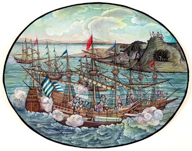 Three ships offshore firing cannons - Indian-School-98470-9