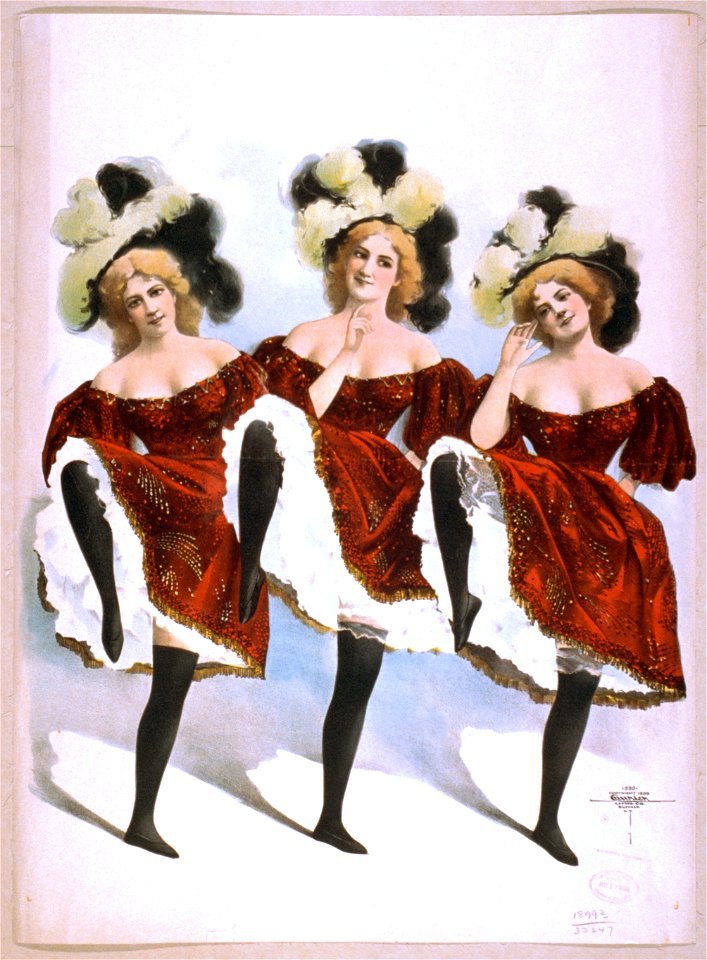 Three dancing women in red costumes and feathers LCCN2014635679