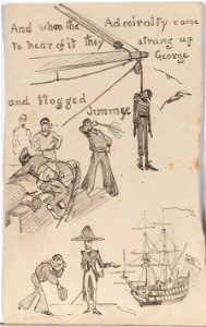 Three small drawings illustrating a cautionary tale about Three Sailors from Bristol. Sailor hanged from the yard arm, sailor being flogged and humble sailor with an admiral and fighting ship RMG PV1352. Free illustration for personal and commercial use.