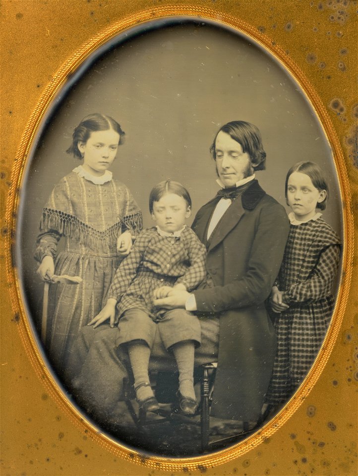 Thomas Wentworth Higginson with Margaret Fuller Channing Loring , Walter Channing, and Caroline Sturgis Channing Cabot, by an unknown artist, c. 1853, half-plate daguerreotype, from the National Portrait Gallery - NPG-NPG 84 265Higginso